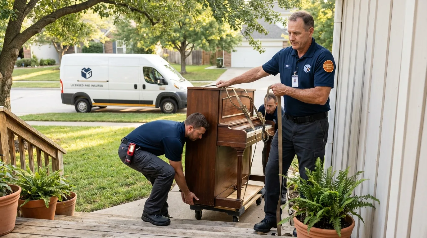 Licensed piano movers securing grand piano in Durand, WI