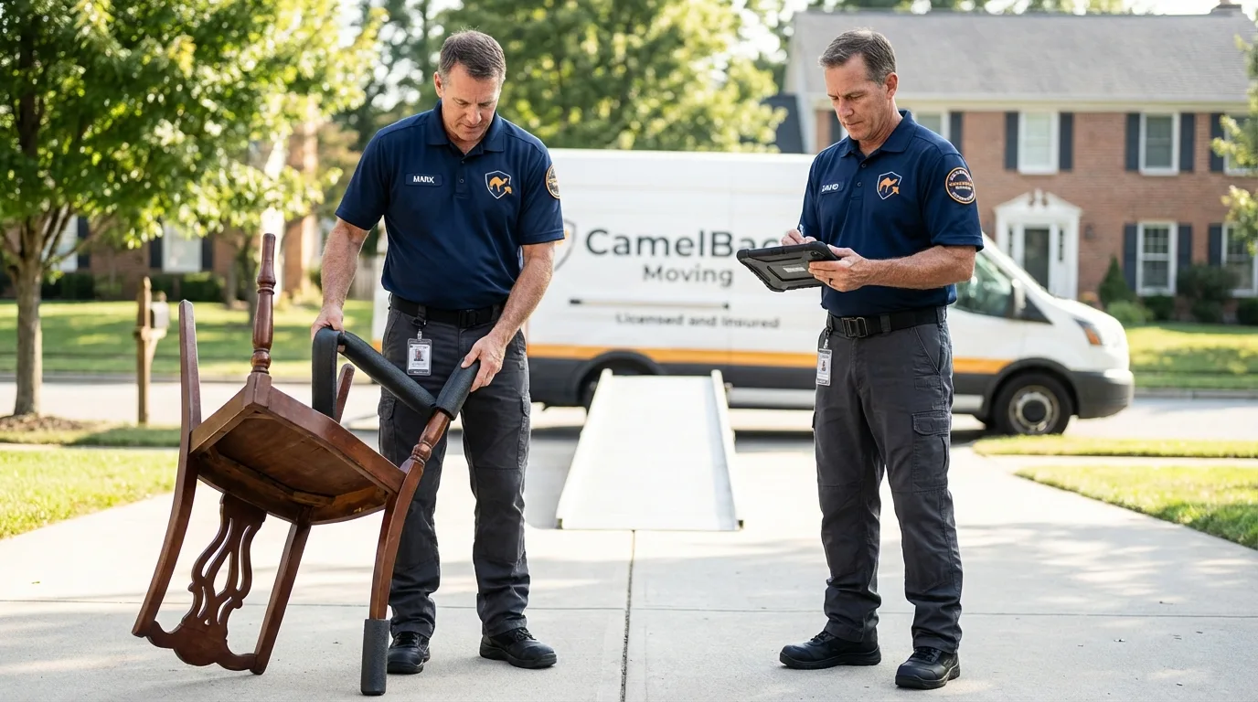 Movers inspecting furniture for damage prevention before loading in Durand, WI