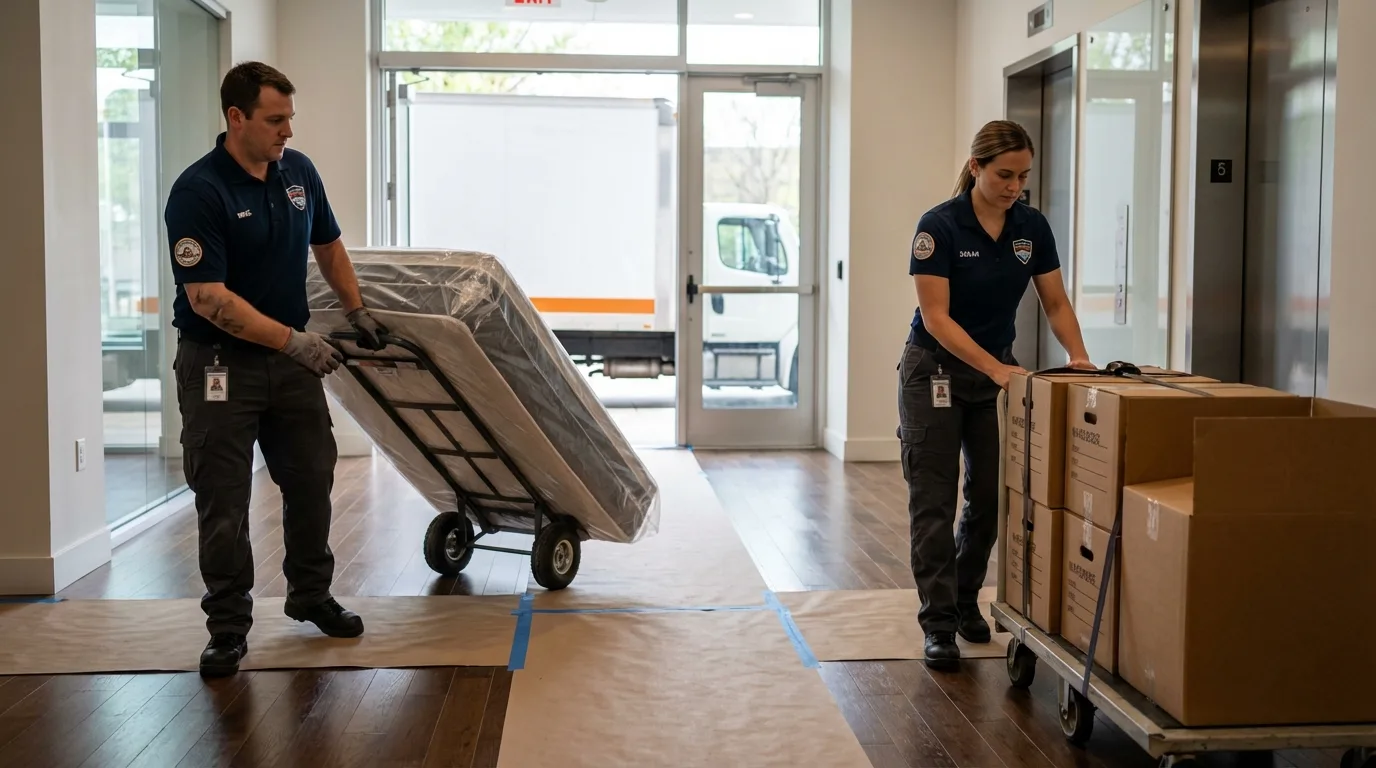 Professional apartment movers loading elevator in Durand, WI